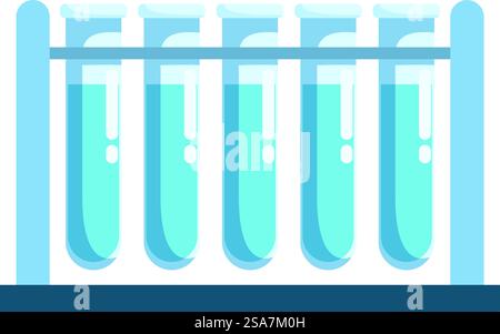 Test tubes with blue liquid on metal stand are standing on table in chemical laboratory. Laboratory glassware with blue liquid standing on table Stock Vector