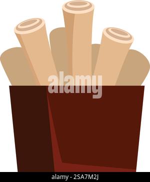 Simple yet evocative illustration featuring a cardboard box filled with rolled parchments, hinting at historical records, ancient knowledge, or archival findings. Cardboard box full of rolled parchments representing historical documents Stock Vector