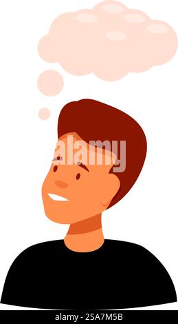 Young man is deep in thought, a contemplative expression on his face as a thought bubble floats above him. Young man thinking with thought bubble appearing over his head Stock Vector