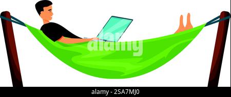 Freelancer working on laptop lying in hammock, enjoying distant work and relaxing. Freelancer working on laptop lying in hammock enjoying distant work and relaxing Stock Vector