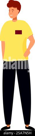 Illustration featuring a young adult male with a yellow shirt and navy blue pants, standing with his hand on his hip. Young man with yellow t shirt standing with hand on hip Stock Vector