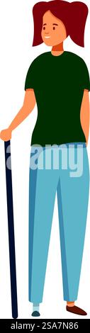Young woman with a prosthetic leg is standing and smiling. Young woman is standing with a cane prosthetic leg Stock Vector