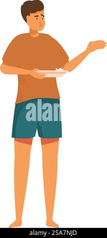 Young man is experiencing poverty and hunger, holding an empty plate while gesturing for assistance. Young man holding empty plate begging for food Stock Vector