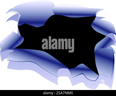 Torn metal hole effect creating a ripped paper style revealing a dark void underneath. Torn metal hole with ripped edges revealing dark background Stock Vector