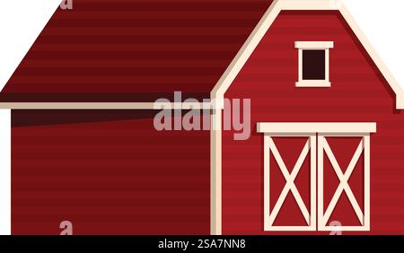 Red wooden barn building with closed double doors and small window, traditional countryside construction for agricultural purpose. Classic red wooden barn building standing on white background Stock Vector