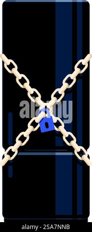Closed refrigerator door locked with metal chain and padlock representing dieting concept. Modern refrigerator locked with chains and padlock for diet Stock Vector