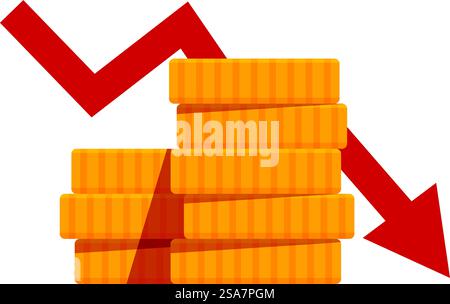 Stack of golden coins is decreasing while a red arrow is pointing down representing a financial crisis. Red arrow going down over decreasing stack of coins representing economic crisis Stock Vector