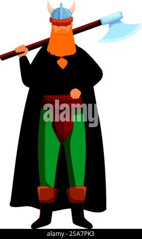 Powerful viking holding an axe on his shoulder, ready for battle. Strong viking holding axe on shoulder wearing traditional clothes Stock Vector