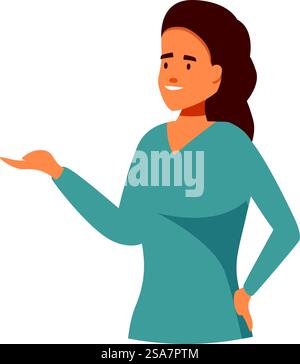 Young woman presenting smiling showing with hand copy space flat vector illustration. Smiling woman is gesturing with her hand as if she is presenting something Stock Vector