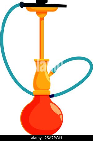 Illustration featuring a golden shisha pipe with orange vase and blue hoses, standing on a white background. Golden shisha pipe standing on white background Stock Vector