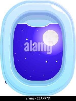 Airplane window revealing the moon shining in a starry night sky. Airplane window showing moon shining in night sky Stock Vector