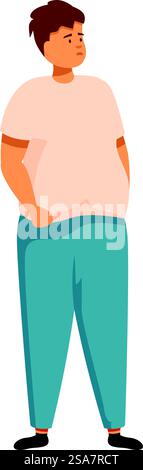 Man is standing with his hands in his pockets, looking concerned about his weight. Overweight man standing and looking worried about his weight Stock Vector