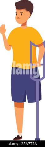 Young man with a prosthetic leg is standing and waving. Young man with leg prosthesis waving hand and smiling Stock Vector