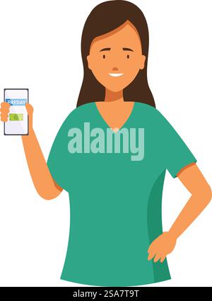 Smiling nurse is holding a smartphone displaying her payday and salary. Happy nurse receiving salary using mobile banking app Stock Vector