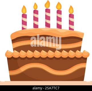 Delicious double layered chocolate birthday cake with lit candles is waiting to be eaten. Delicious double layered chocolate birthday cake is standing on the table Stock Vector