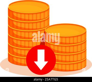 Stacks of gold coins decreasing with a red down arrow, representing economic crisis. Stacks of gold coins decreasing showing economic crisis Stock Vector
