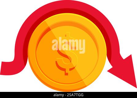 Gold coin with a dollar sign is wrapped by a red downward arrow, representing economic decline. Red downward arrow going around a gold coin with dollar sign Stock Vector
