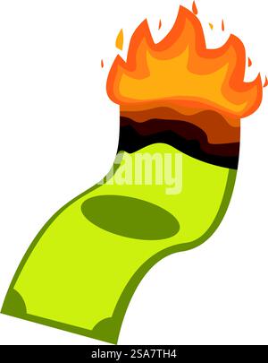 Banknote is burning, representing financial loss, economic crisis, and inflation. Burning banknote losing value with flames on white background Stock Vector