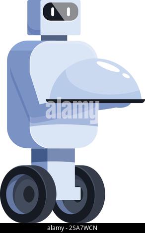 Robot waiter on wheels is holding a cloche platter, ready to serve food in a restaurant. Modern robot waiter serving food holding cloche platter Stock Vector