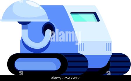 Autonomous space rover exploring a new planet, collecting data with its extended robotic arm. Autonomous robot exploring new planet surface with arm extended gathering data Stock Vector