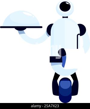 White robot waiter character holding silver cloche serving tray riding on self balancing platform. Friendly robot waiter serving food using platform with wheels Stock Vector