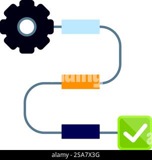 Workflow automation system is starting with a gear symbol and ending with a green validation mark. Workflow automation system starting with gear symbol for successful result Stock Vector