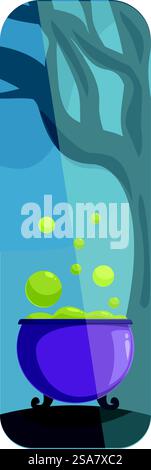 Cartoon illustration of a witch&rsquo;s cauldron bubbling a green potion under a spooky tree at night. Purple witch&rsquo;s cauldron is bubbling a green potion under a spooky tree at night Stock Vector
