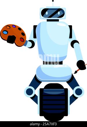 Modern robot holding paintbrush and palette creating art on white background. Modern robot is balancing on a wheel, holding a paintbrush and palette Stock Vector
