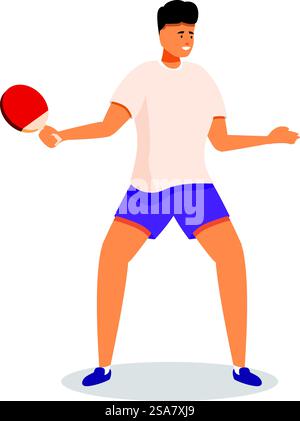 Young sportsman is playing ping pong, holding a racket and waiting for the ball. Young man playing table tennis with red racket Stock Vector