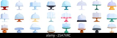 Cake glass stand icons set. Collection of cake stands, each with a unique design, showcasing their functionality for serving and preserving delectable treats. Cake glass stand icons set. Cake stand set protecting delicious desserts with glass cover Stock Vector