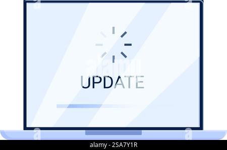 Laptop is showing an update screen with a progress bar, indicating that a software update is in progress. Laptop updating system software with progress bar displayed Stock Vector