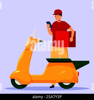 Delivery man checking address on smartphone while holding package and standing by scooter. Delivery man is checking the delivery address on his smartphone while holding a package Stock Vector