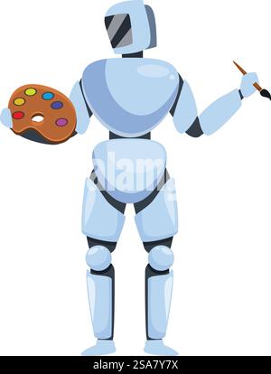 Robot is holding a paintbrush and palette, embracing the world of art and creativity. Humanoid robot holding paintbrush and palette standing upright Stock Vector