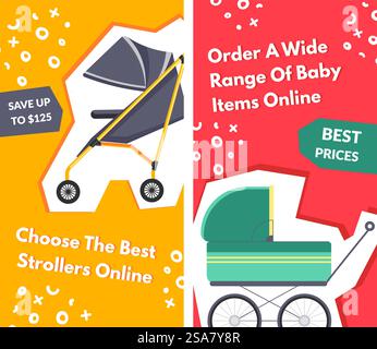 Choose best strollers online, order wide range of baby items in internet with best prices. Children products and prams, strollers and perambulators for infants and kids. Vector in flat style. Order wide range of baby items online, banner Stock Vector