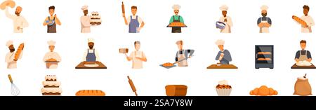Man baking icons set. Bakers are baking bread and cakes using professional equipment. Man baking icons set. Bakers making bread and cakes using professional equipment set Stock Vector
