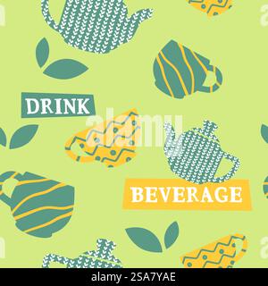 Organic beverage, tasty and delicious drink. Herbal assortment and variety of aroma. Pots and cups with handles, cafe menu. Seamless pattern, wallpaper or background print. Vector in flat style. Drink tasty green tea, organic beverage print Stock Vector