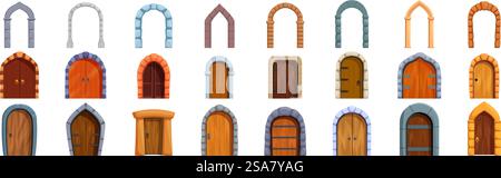 Stone arch icons set. Set of medieval doors and arches showing different styles and materials, suitable for game asset or history book. Stone arch icons set. Set of medieval doors and arches showing different styles and materials Stock Vector