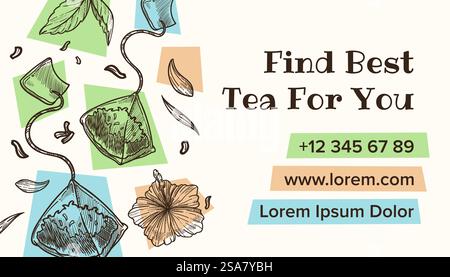 Best tea for you, shop or store selling tasty beverages and drinks. Bags with ground powder of leaves and flowers, mint and herbs. Business card, advertisement and marketing. Vector in flat style. Find best tea for you, business card with contact Stock Vector
