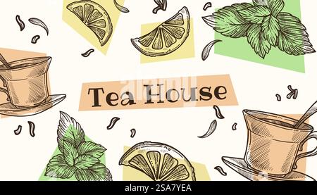Cafe or restaurant, tea house with variety of tasty beverage compositions and notes. Lemon slices and mint, hot drinks from shop. Business card, advertisement and marketing. Vector in flat style. Tea house promotional banner or business cards Stock Vector