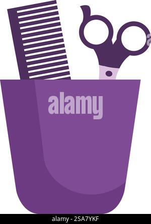 Hairdressing tools for styling hair in a purple jar on a white background. Hairdressing scissors and comb standing in a purple beautician jar Stock Vector