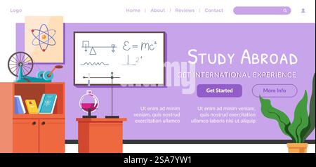International experience and education abroad for students. Courses and classes, lessons and obtaining knowledge from professors. Website landing page template, internet site. Vector in flat style. Study abroad, get international experience website Stock Vector