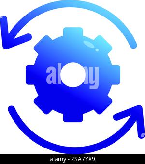 Gradient icon of a cogwheel rotating with two curved arrows, suggesting an update or reset process. Blue gear rotating with two circular arrows for update or reset process Stock Vector
