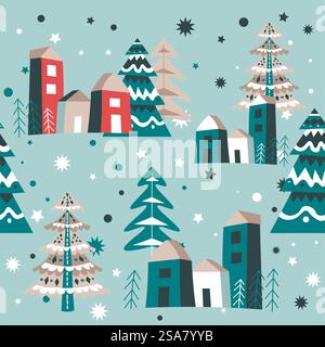 Houses and streets, pine trees covered with snow. Winter seasonal landscape, snowfall and blizzard in city or village outdoors. Seamless pattern or background print wallpaper. Vector in flat style. Pine trees covered with snow, homes and streets Stock Vector