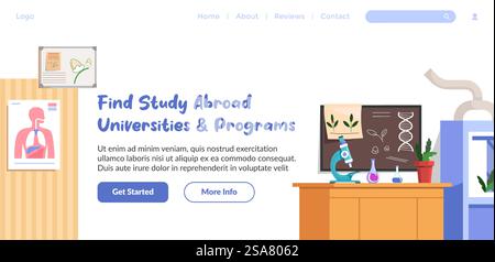 Universities and programs for studying and obtaining education abroad. Biology and anatomy courses and classes for students. Website landing page template, internet site. Vector in flat style. Find study abroad, universities and programs web Stock Vector
