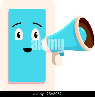 Cartoon smartphone character is listening to megaphone announcement with a surprised expression on its face. Cute smartphone character getting some big news through megaphone Stock Vector