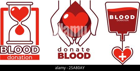Donation to save peoples lives, isolated donate blood sing and symbols for helping injured and wounded, person with medical issues. Logotype or emblem, logo or promotional banner. Vector in flat style. Donate blood, donation to save peoples lives Stock Vector