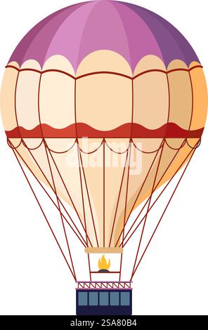 Vintage hot air balloon with fire and passengers cabin. Isolated means of transportation and entertainment. Retro design of transport for traveling and commuting. Vector in flat style illustration. Retro hot air balloon with fire and cabin vector Stock Vector