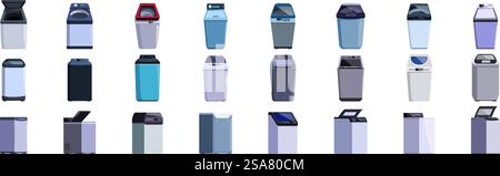 Top load washing machine icons set. Explore a variety of washing machines, each with unique designs and features, perfect for showcasing laundry solutions. Top load washing machine icons set. Collection of washing machines showing different designs and features Stock Vector