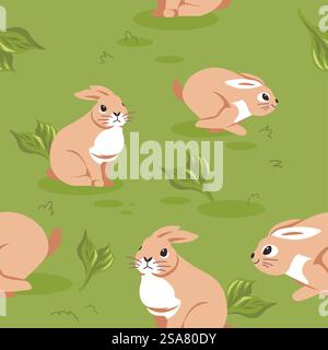Nature scenery of field with rabbits running and leaping. Cute woodland animal characters with long ears and funny muzzle. Seamless pattern, background print or wallpaper. Vector in flat style. Field with sitting and leaping bunnies and rabbits Stock Vector
