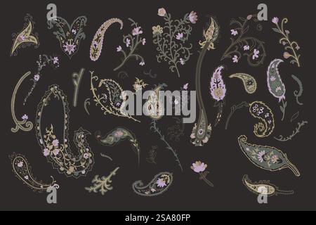 Blooming flowers and botany, isolated flora decoration elements. Paisley in blossom, leaves and foliage, stems and buds. Flourishing and ornamental decor, adornment. Vector in flat style illustration. Flowers in blossom, leaves and floral paisley Stock Vector